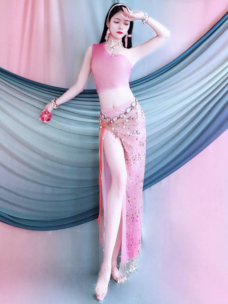 Belly dance service Dai dance exercise merit, rose red powder gradient beads embroidered apron set dance service summer children's performance service