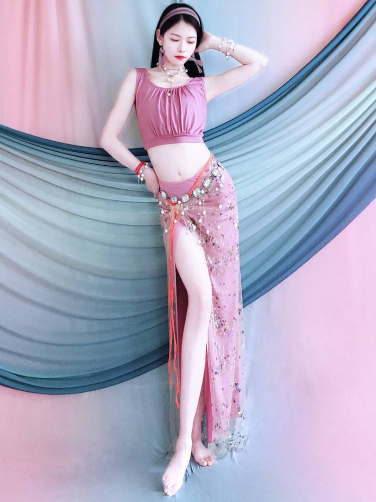 Belly dance exercise costume 2024 spring and summer new pink purple sleeveless bead embroidered apron set Oriental dance performance clothing