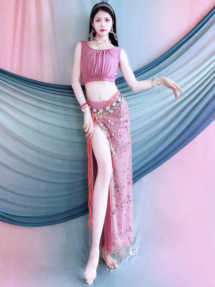 Belly dance exercise costume 2024 spring and summer new pink purple sleeveless bead embroidered apron set Oriental dance performance clothing