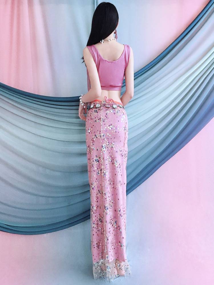 Belly dance exercise costume 2024 spring and summer new pink purple sleeveless bead embroidered apron set Oriental dance performance clothing