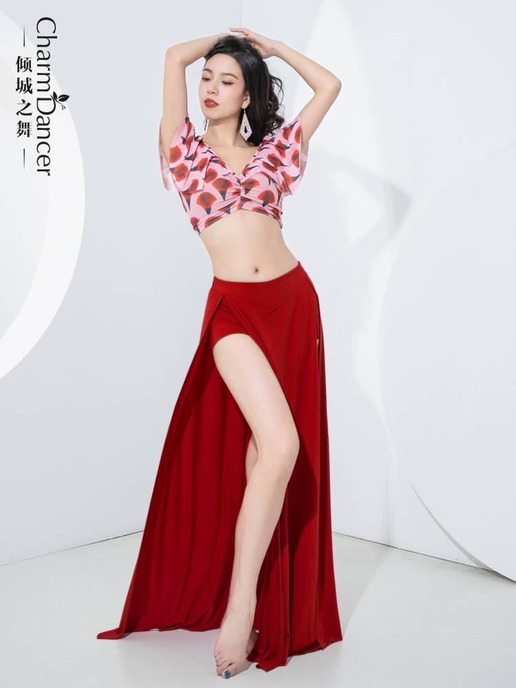 The new dance belly dance clothing new practice suit set ruffled leaf printing top double split skirt practice uniform