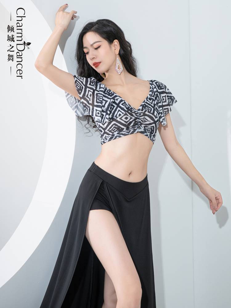 The new dance belly dance clothing new practice suit set ruffled leaf printing top double split skirt practice uniform