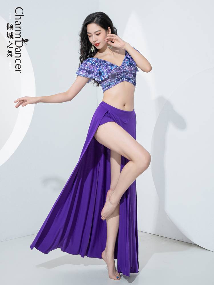 The new dance belly dance clothing new practice suit set ruffled leaf printing top double split skirt practice uniform