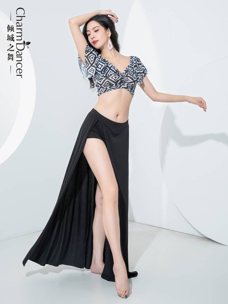 The new dance belly dance clothing new practice suit set ruffled leaf printing top double split skirt practice uniform