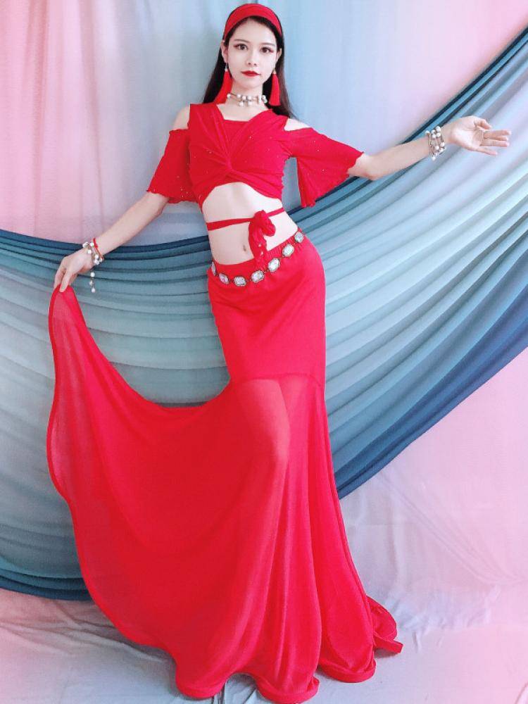 Belly dance practice service in the summer of 2024 new red lotus leaf short -sleeved fishtail long skirt elegant performance set