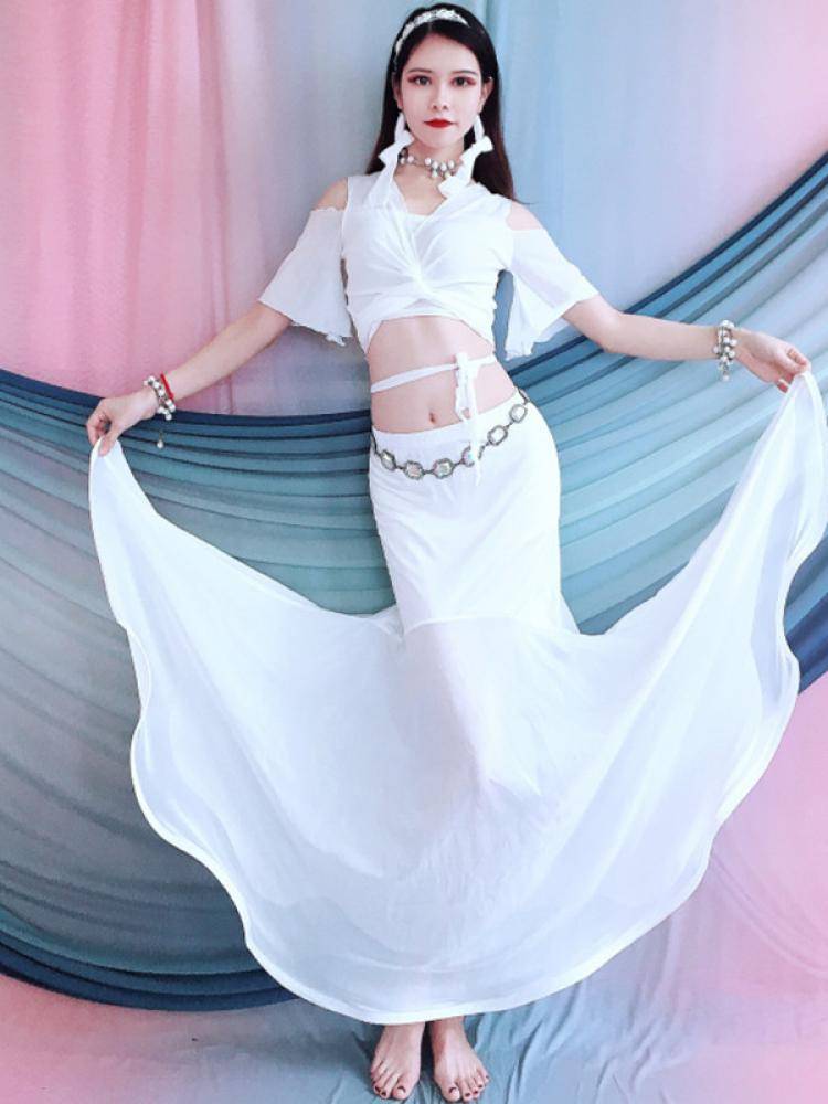 Belly dance practice service in the summer of 2024 new red lotus leaf short -sleeved fishtail long skirt elegant performance set