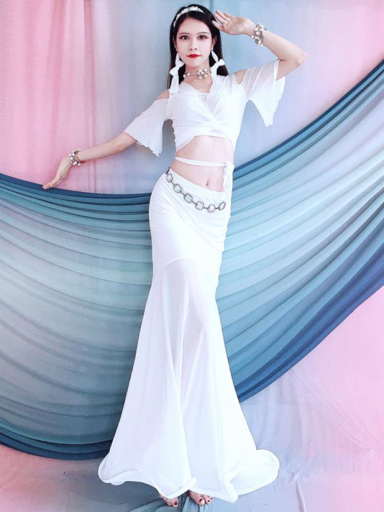 Belly dance practice service in the summer of 2024 new red lotus leaf short -sleeved fishtail long skirt elegant performance set
