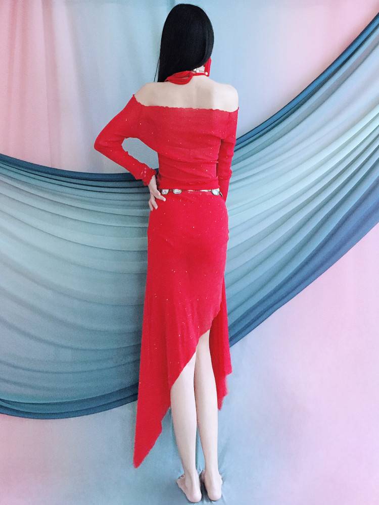 Belly dance practice service spring and summer new red highlights drawing rope set Oriental dance watch performance service children