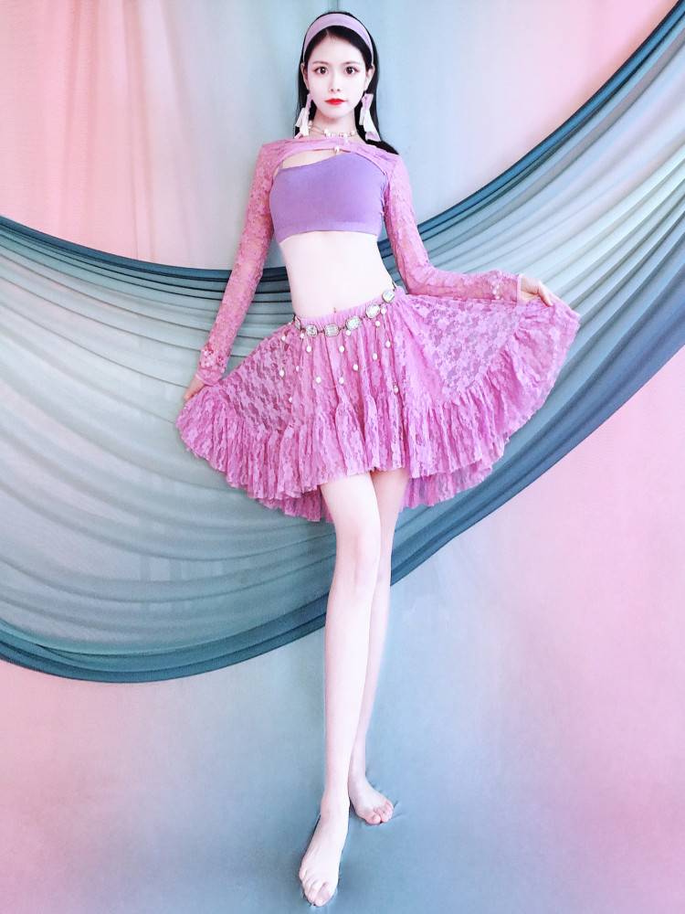 2024 Belly Dance Dance Practice Services Beginners Light Purple Shoulder Lace short skirt set Oriental Dance Xia Children's Performance Services
