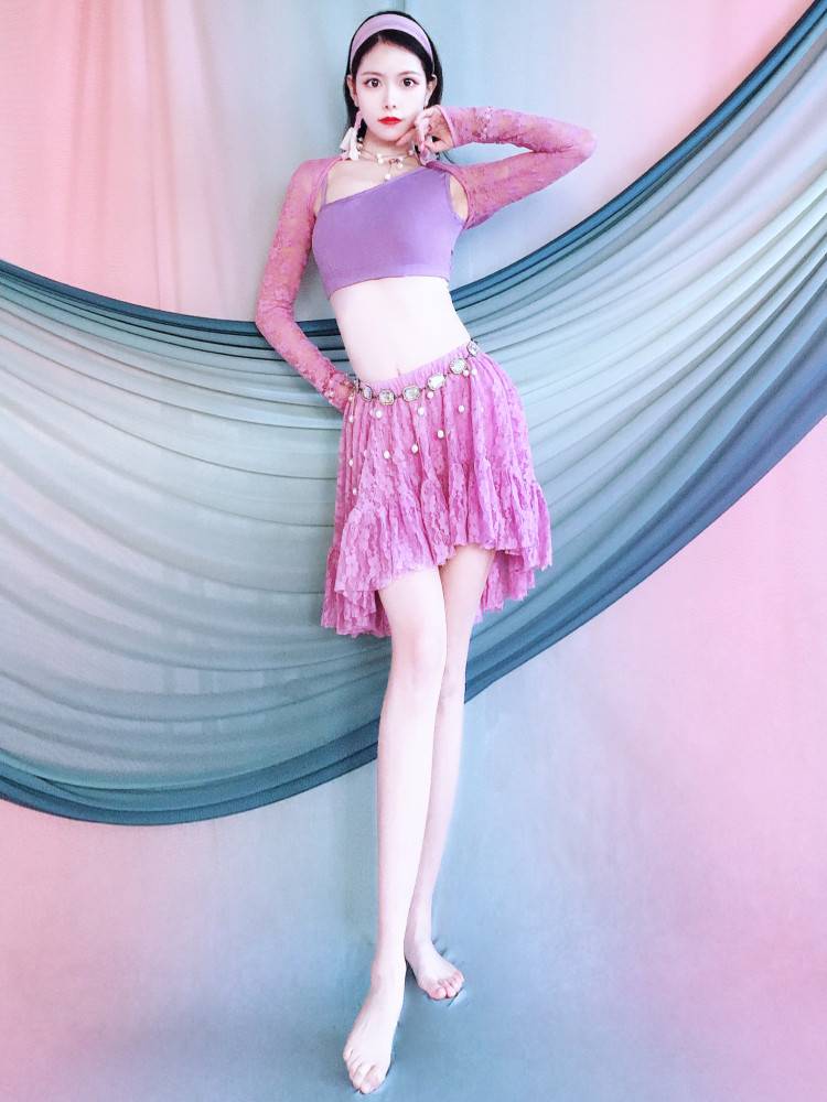 2024 Belly Dance Dance Practice Services Beginners Light Purple Shoulder Lace short skirt set Oriental Dance Xia Children's Performance Services