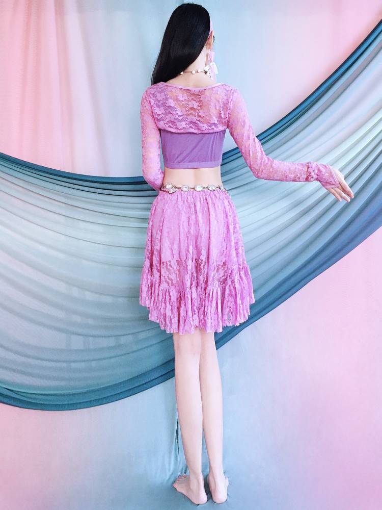 2024 Belly Dance Dance Practice Services Beginners Light Purple Shoulder Lace short skirt set Oriental Dance Xia Children's Performance Services