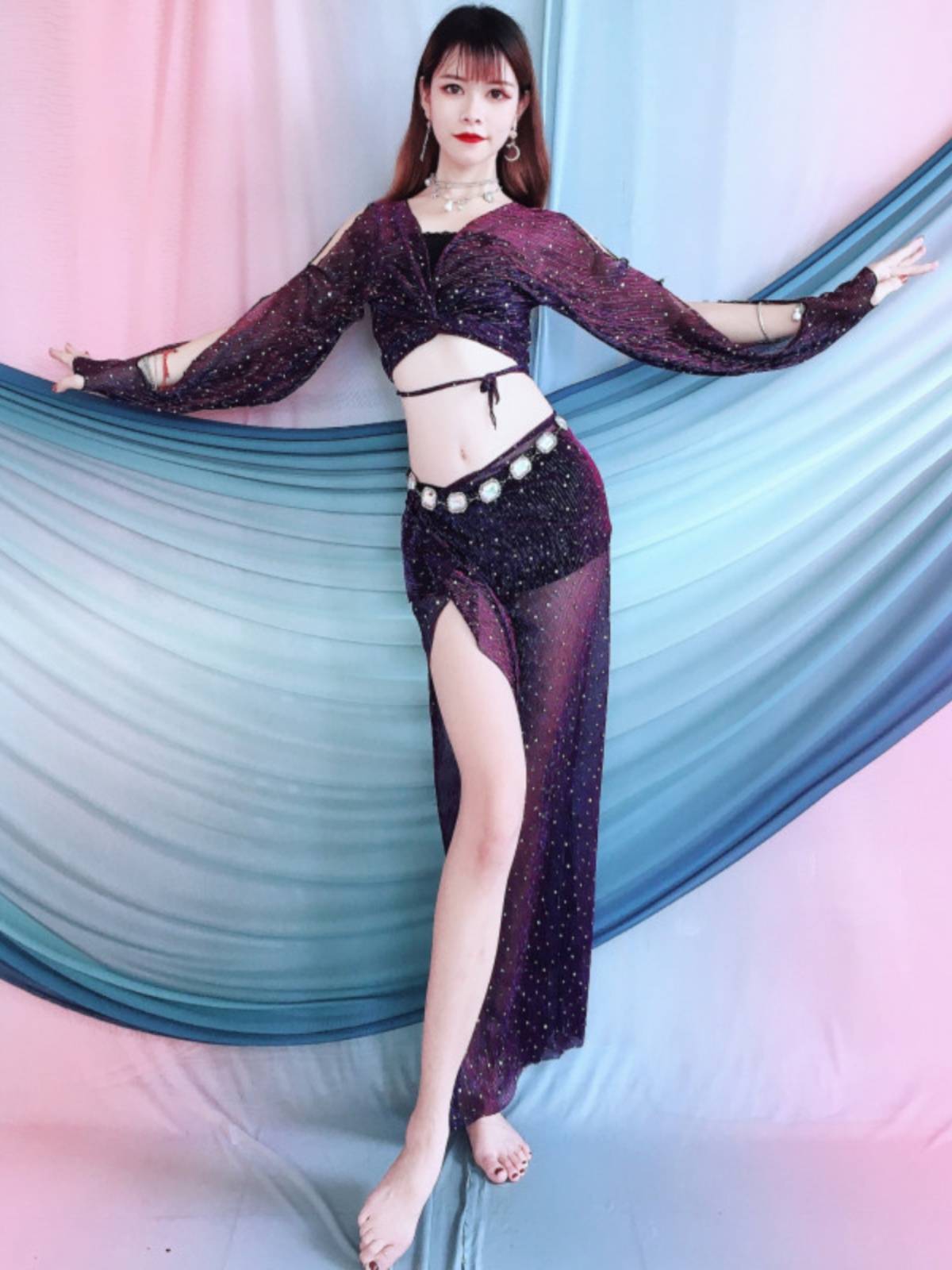 Baiya Qianhui belly dance new V -neck twisted shoulders long hip scarf set Oriental dance exercise performance service