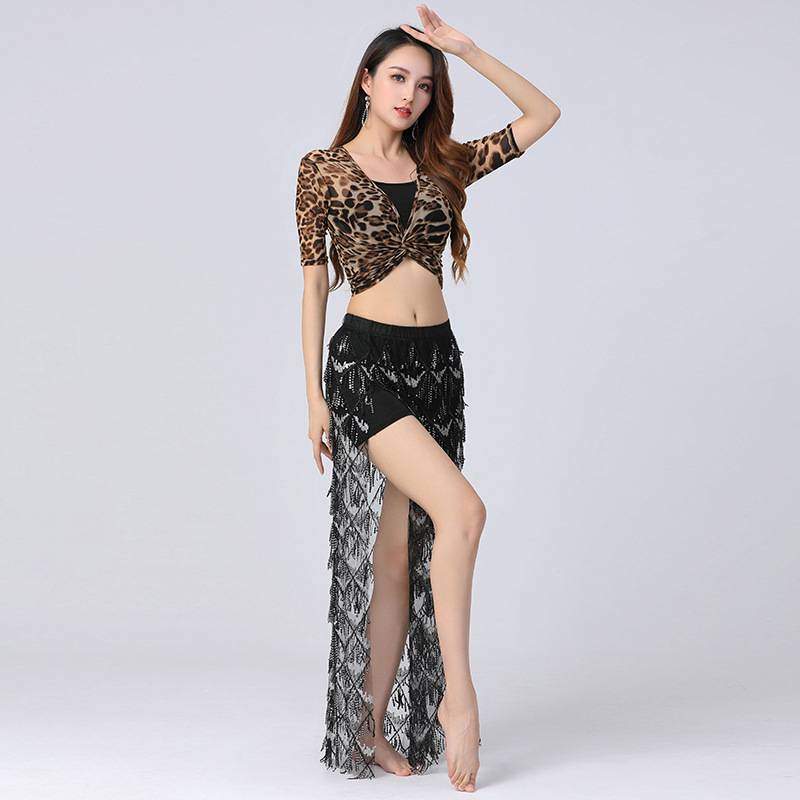 The new large size belly dance training suit suit net yarn floral shirt, the current Su sequins performance skirt