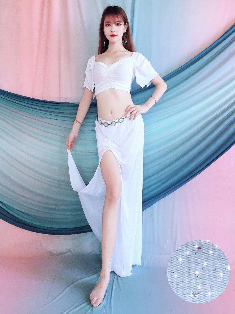 Belly dance exercise service 2024 Summer white V -neck net gauze plywood sleeve buttocks dance service children's performance clothing