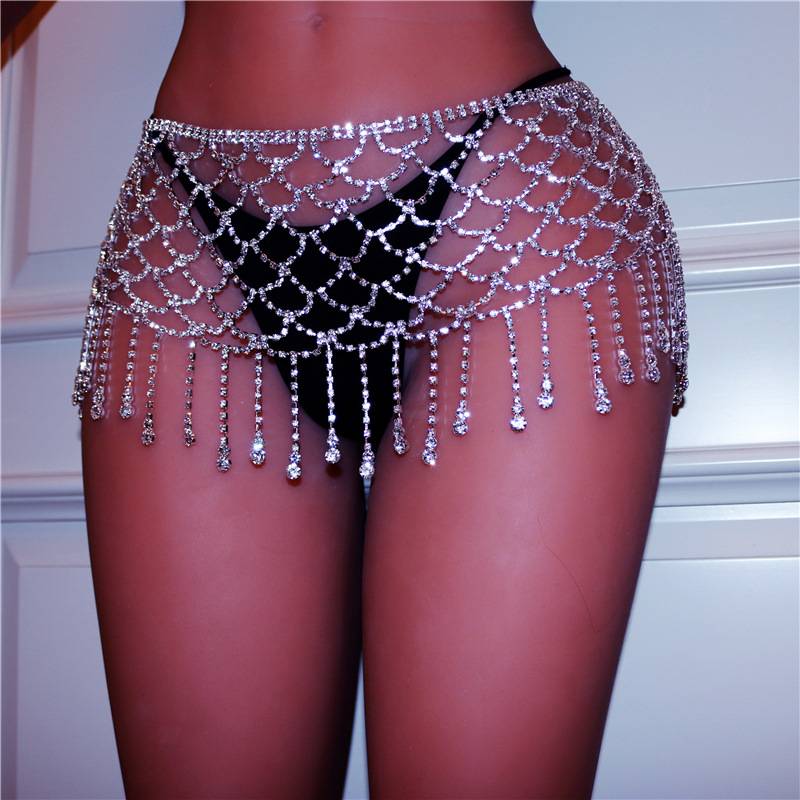Luxury super glittering sexy belly dance waist chain nightclub performance rhinestone skirt half -body skirt body chain hip chain matching female