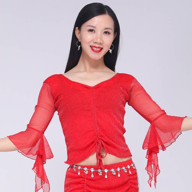 2024 new spring and summer belly dance top, big size belly dance practice dance dance clothing, showing short -sleeved top