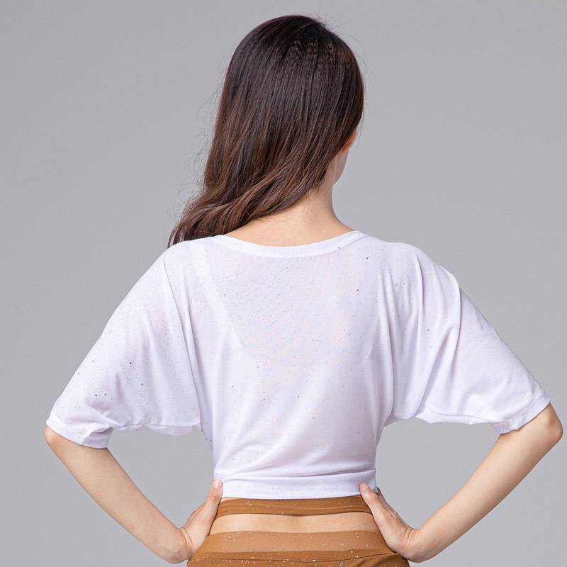 Belly dance white sexy loose net cloth top, oriental dance summer autumn practice clothes, sleeves on the sleeve women's large size versatile
