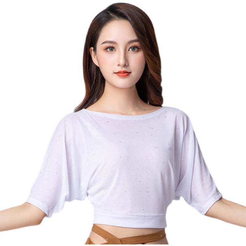 Belly dance white sexy loose net cloth top, oriental dance summer autumn practice clothes, sleeves on the sleeve women's large size versatile