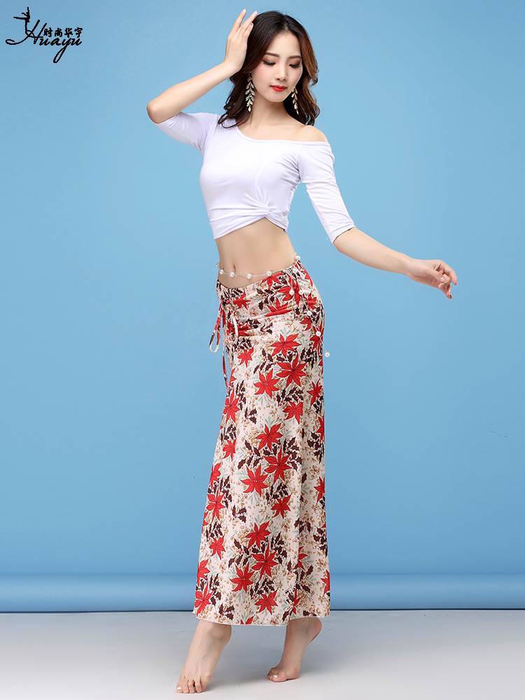 Belly dance exercise, Modal sexy printed long skirt Oriental dance net yarn set beginner adult girl