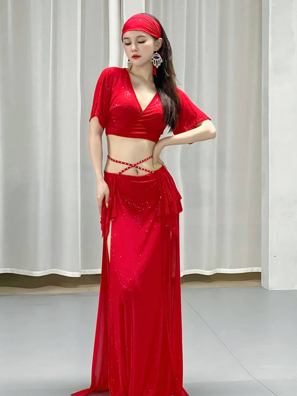 Original niche design Oriental dance belly dance clothing female 2023 summer net yarn practice habit set suit