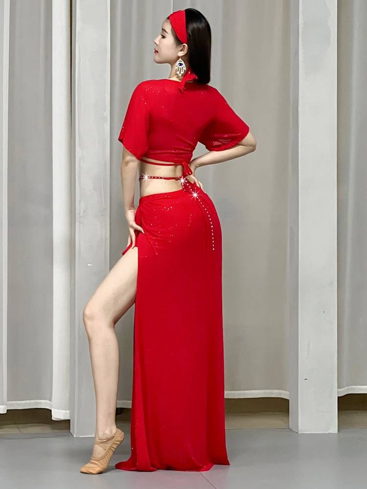 Original niche design Oriental dance belly dance clothing female 2023 summer net yarn practice habit set suit