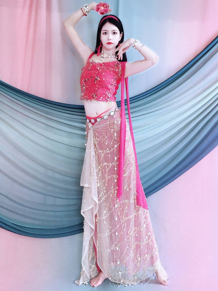 Belly dance clothing new rose red ribbon shirt sequins streaming apron performance set training class service children