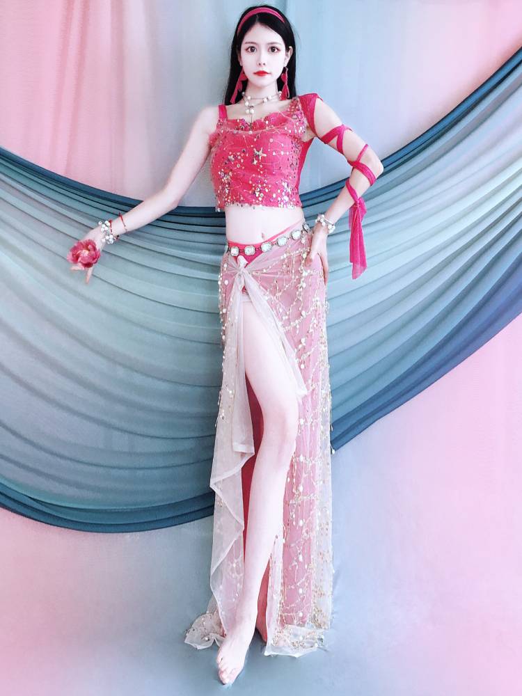 Belly dance clothing new rose red ribbon shirt sequins streaming apron performance set training class service children