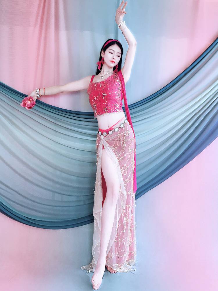Belly dance clothing new rose red ribbon shirt sequins streaming apron performance set training class service children