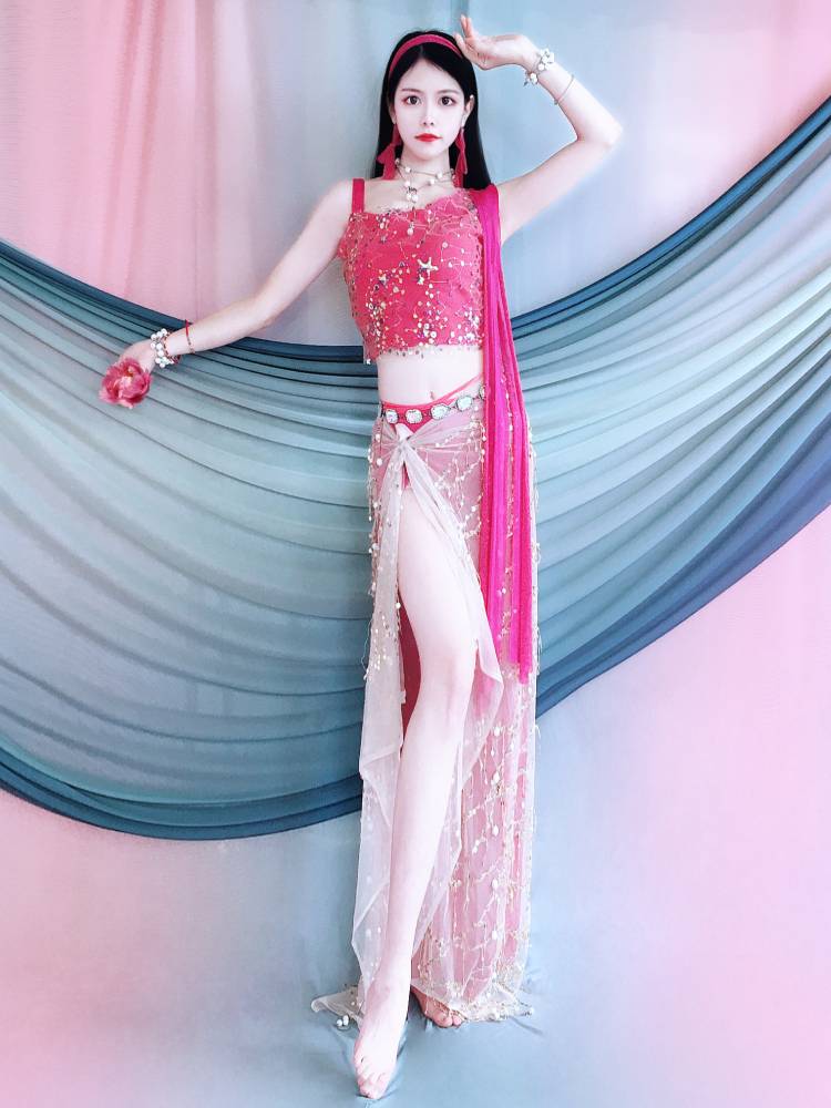 Belly dance clothing new rose red ribbon shirt sequins streaming apron performance set training class service children