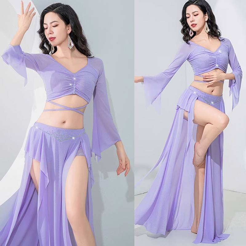 Belly dance clothing 2024 spring and summer new long -sleeved exercise uniform fairy lotus leaf ribbon practice team service