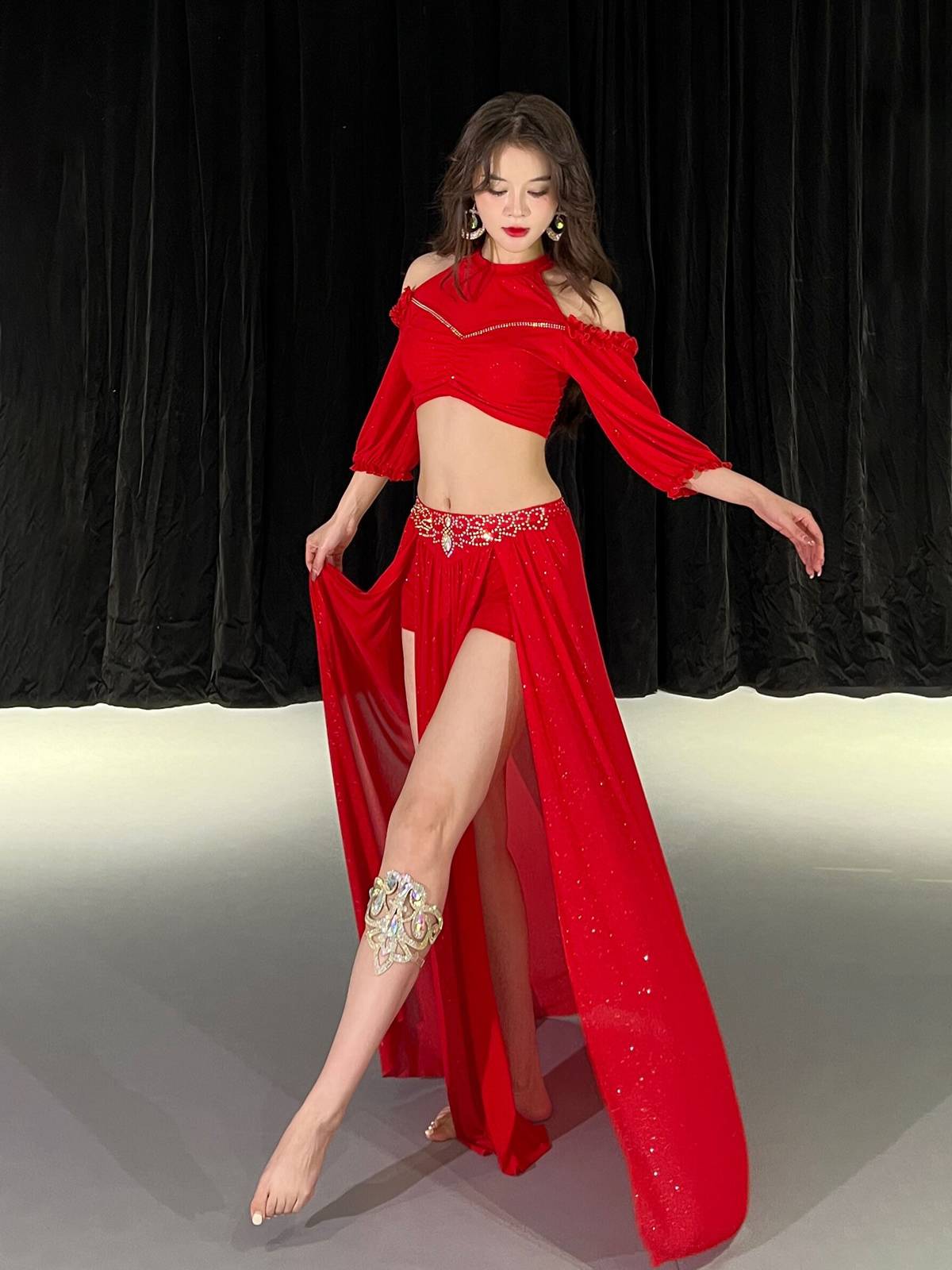 Dancer original design belly dance clothing 2024 new autumn and winter light luxury net gauze practice suit suit