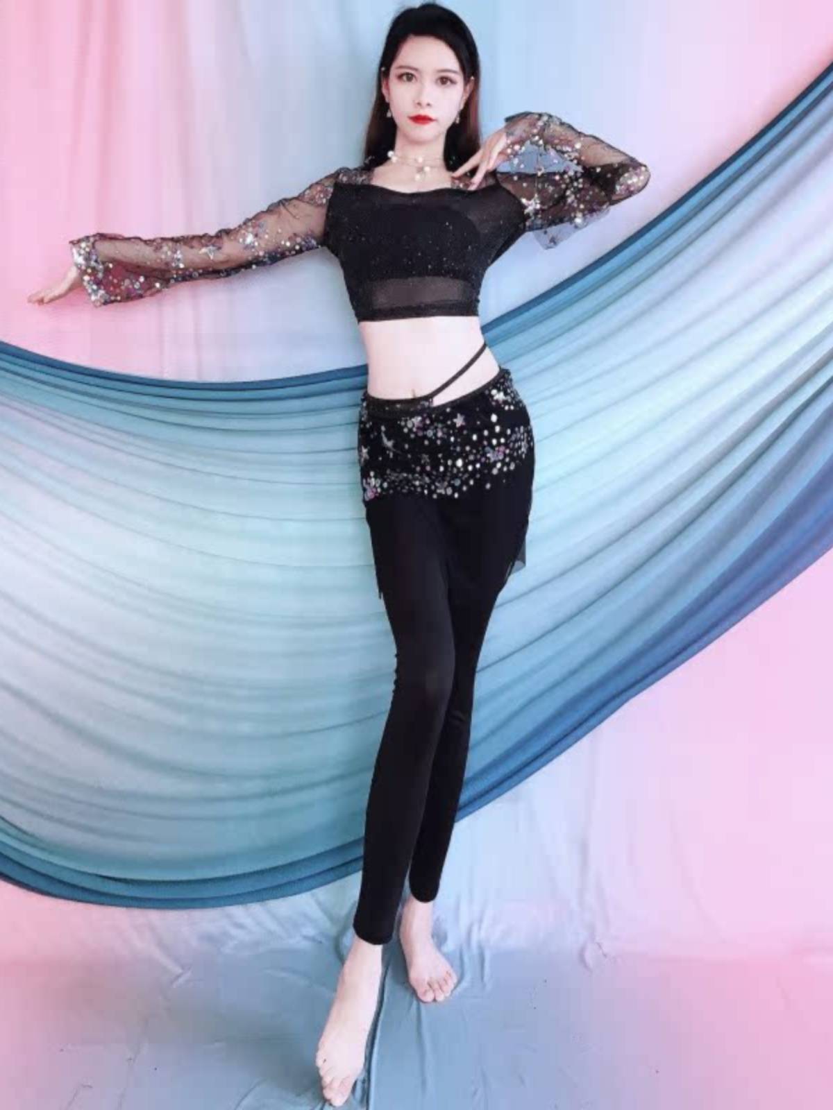 Belly dance exercises 2024 spring and summer new embroidered horn sleeve sleeve jacket suits short hip scarf junior scholar group service