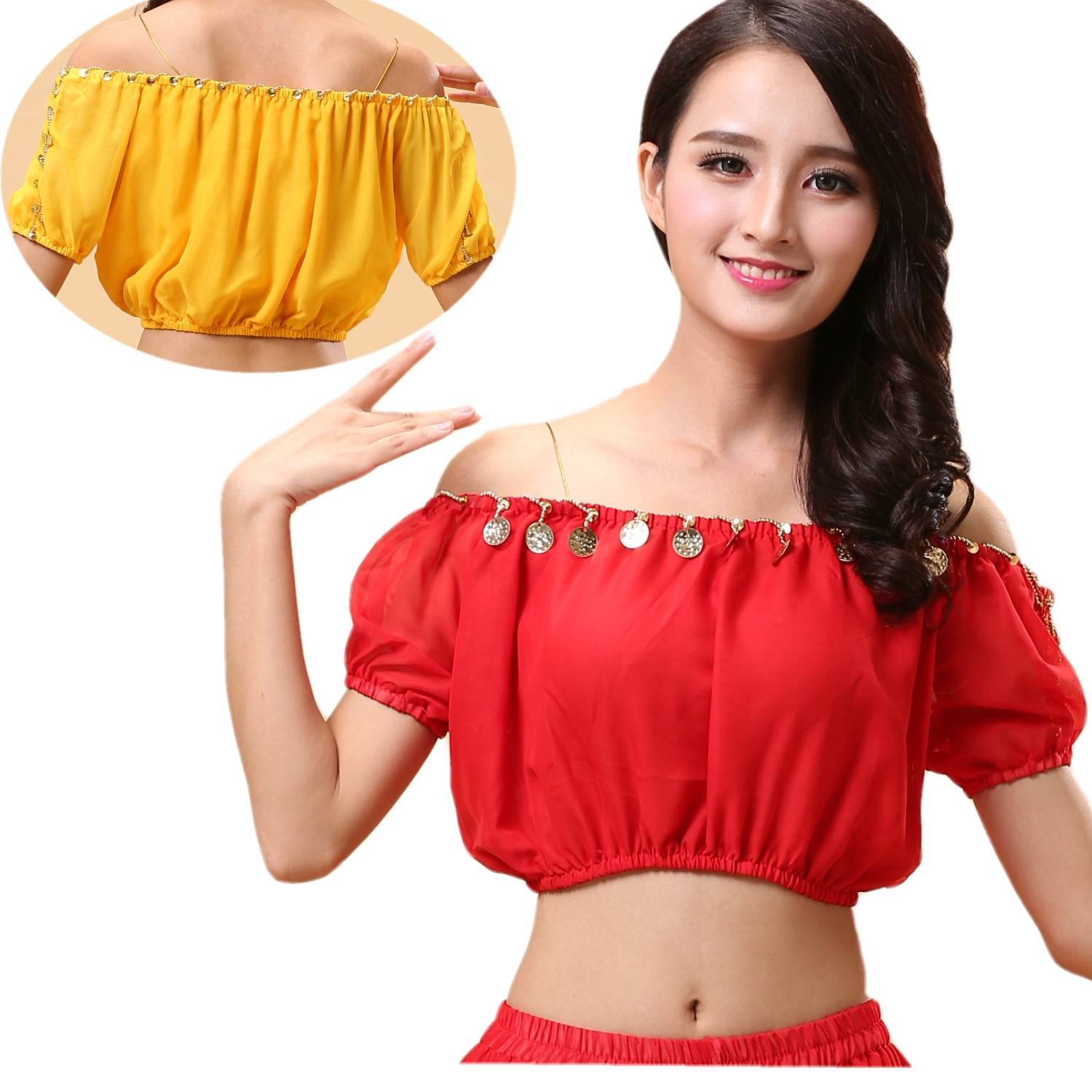 Special offer Indian dance performance exercise clothing belly dance clothing spring and summer new chiffon lantern short sleeve top