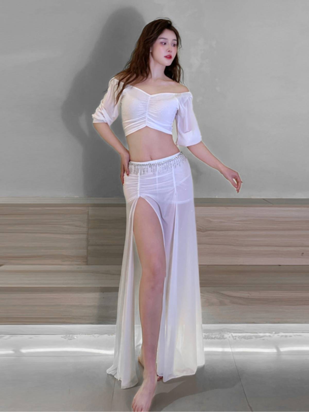 2024 Summer new belly dance net yarn training service female long skirt set Oriental dance sexy watch performance group service fairy