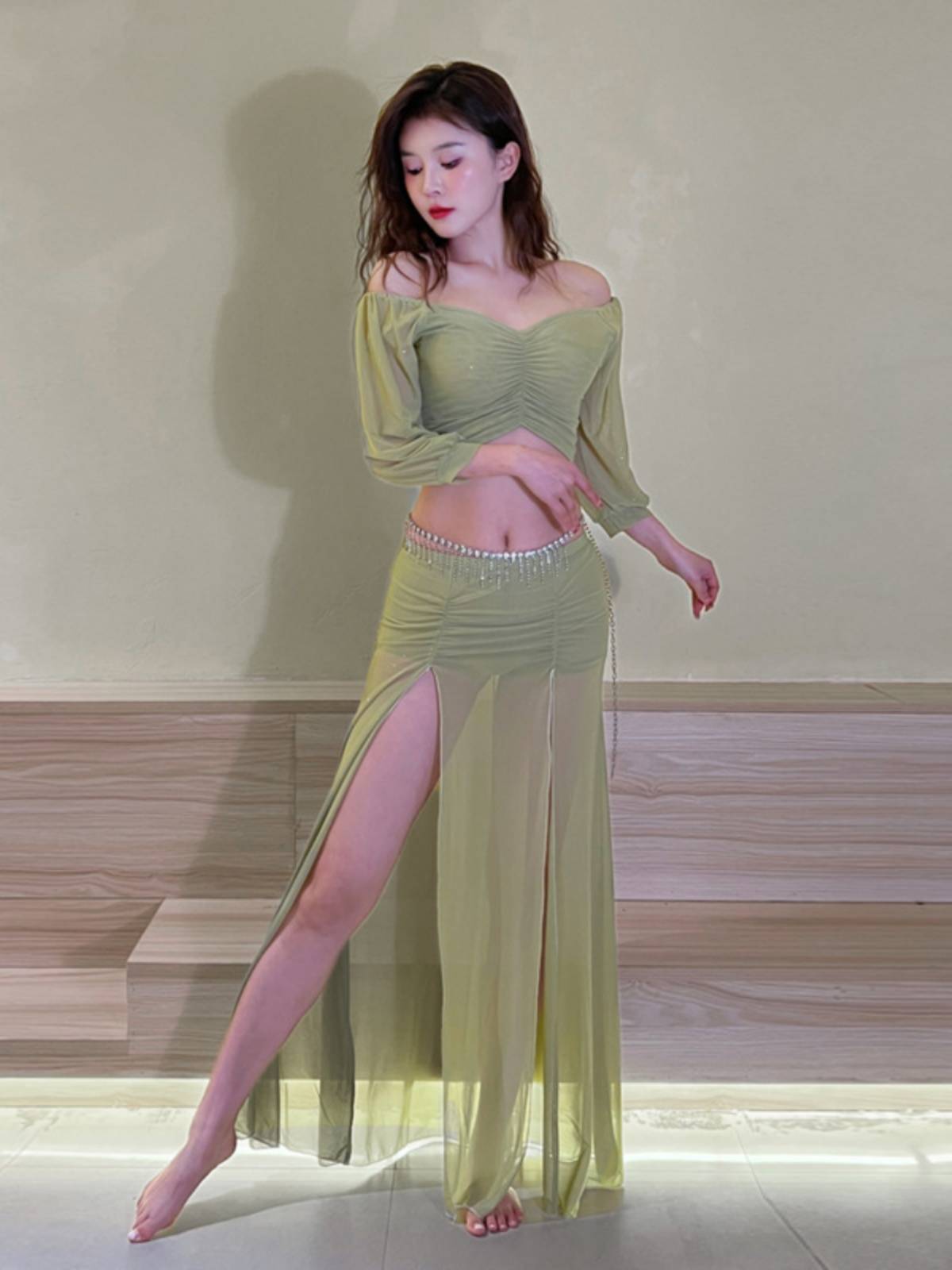 2024 Summer new belly dance net yarn training service female long skirt set Oriental dance sexy watch performance group service fairy