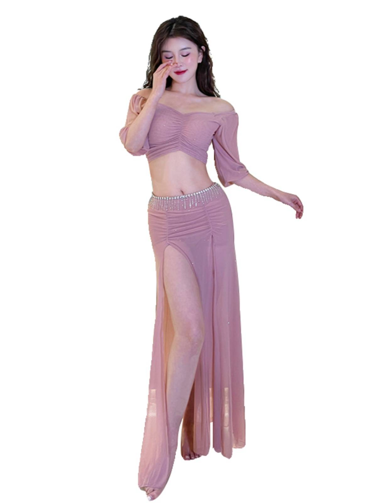 2024 Summer new belly dance net yarn training service female long skirt set Oriental dance sexy watch performance group service fairy