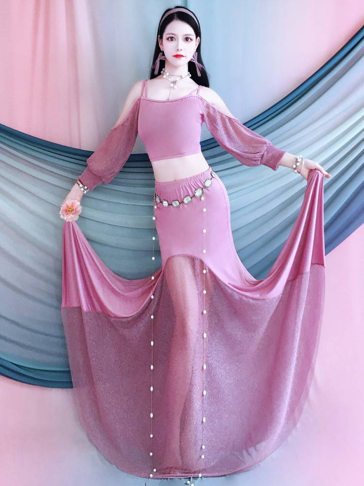 Baiya Qianhui 2024 New Belly Dance Practice Fan Plus Purple Set off -shoulder Oriental Dance Performance Performance Long Skirt