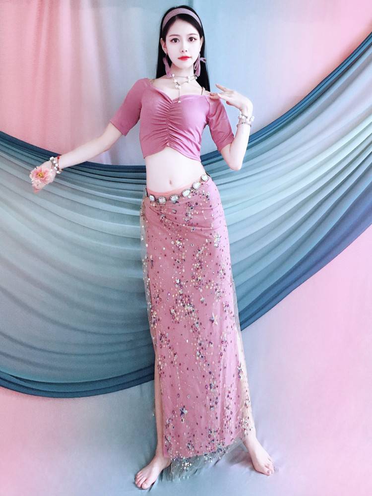 Belly dance service 2024 spring and summer new V -neck dance performance service pink purple color room embroidered hip towel set female