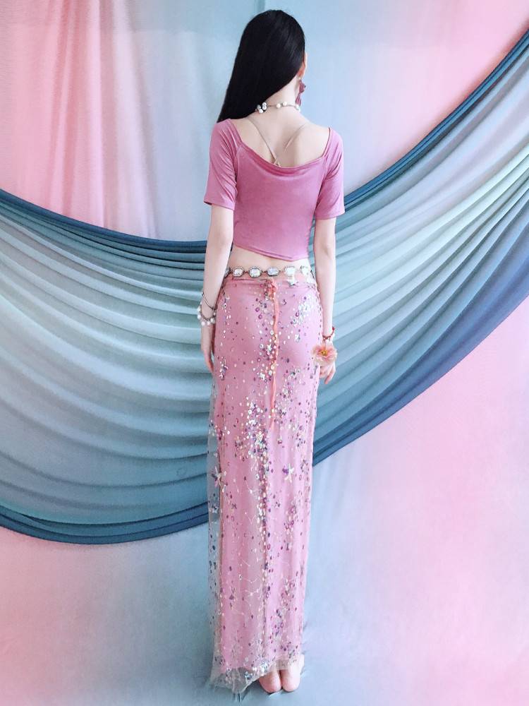 Belly dance service 2024 spring and summer new V -neck dance performance service pink purple color room embroidered hip towel set female