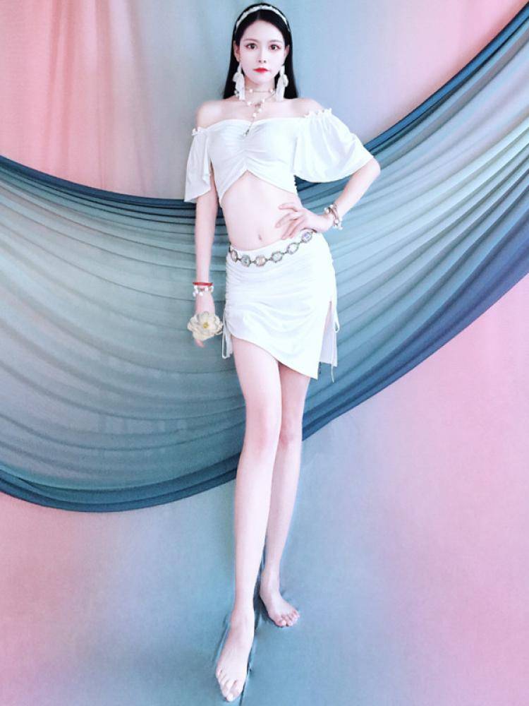 New belly dance clothing dance white lotus leaf sleeves, collar collar, pumping rope under short skirt set training uniform