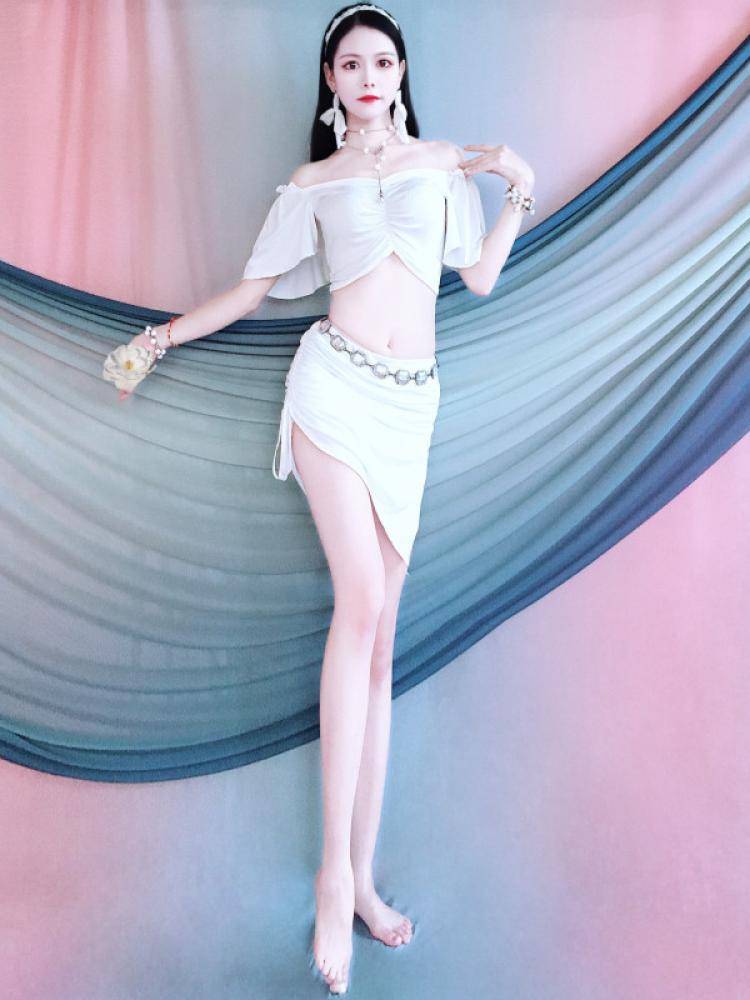 New belly dance clothing dance white lotus leaf sleeves, collar collar, pumping rope under short skirt set training uniform