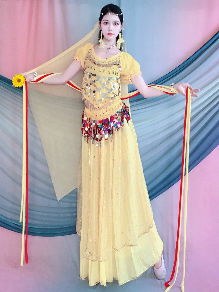 Baiya Qianhui Indian Dance Belly Dance Performance Service 2024 New Yellow Highlights Taucers Set Dress