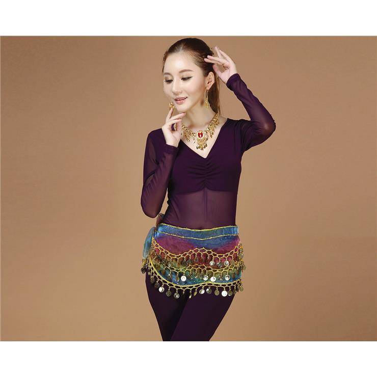 belly dance top dance practice clothing V -neck training bottom shirt semi -transparent yarn long sleeve short sleeves to cover the belly