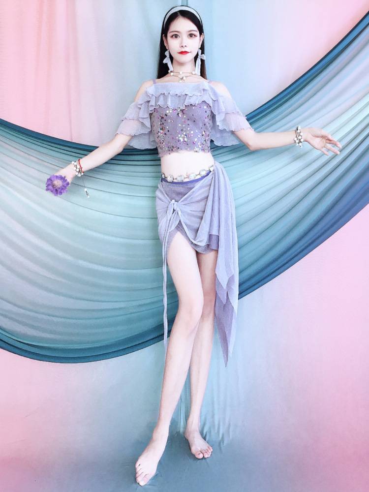 Belly dance clothing spring and summer new embroidered ruffled color room color set Oriental dance exercise performance service beginners