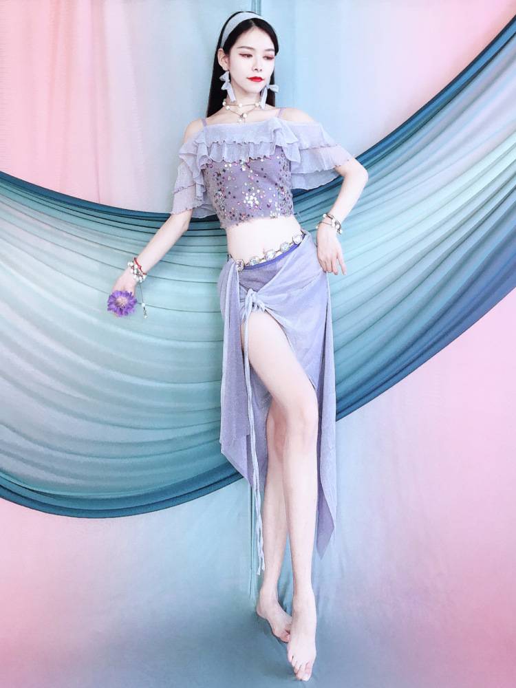 Belly dance clothing spring and summer new embroidered ruffled color room color set Oriental dance exercise performance service beginners