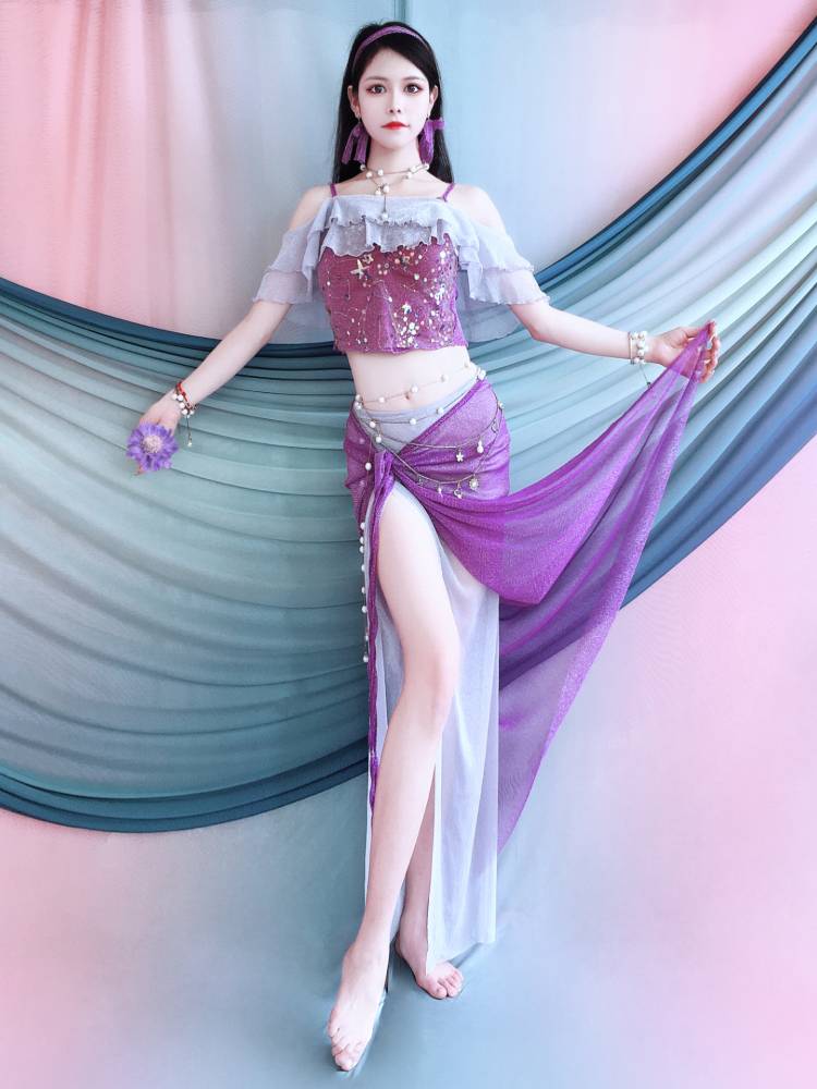 Belly dance clothing spring and summer new embroidered ruffled color room color set Oriental dance exercise performance service beginners