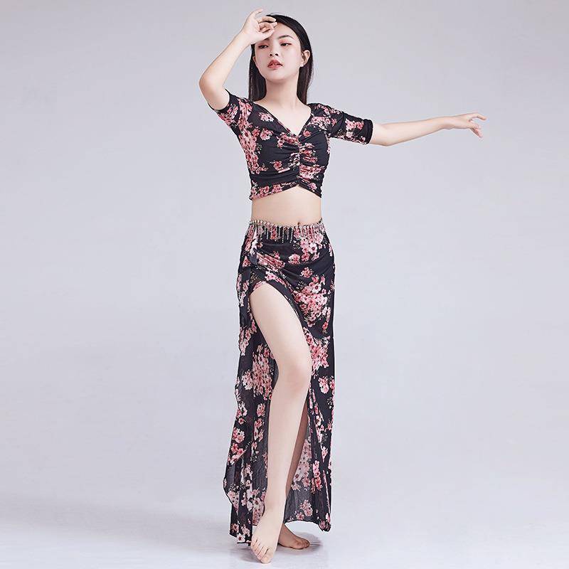 Large -size belly dance practice suit set beginner sexy print skirt Oriental dance dance dance live performance service