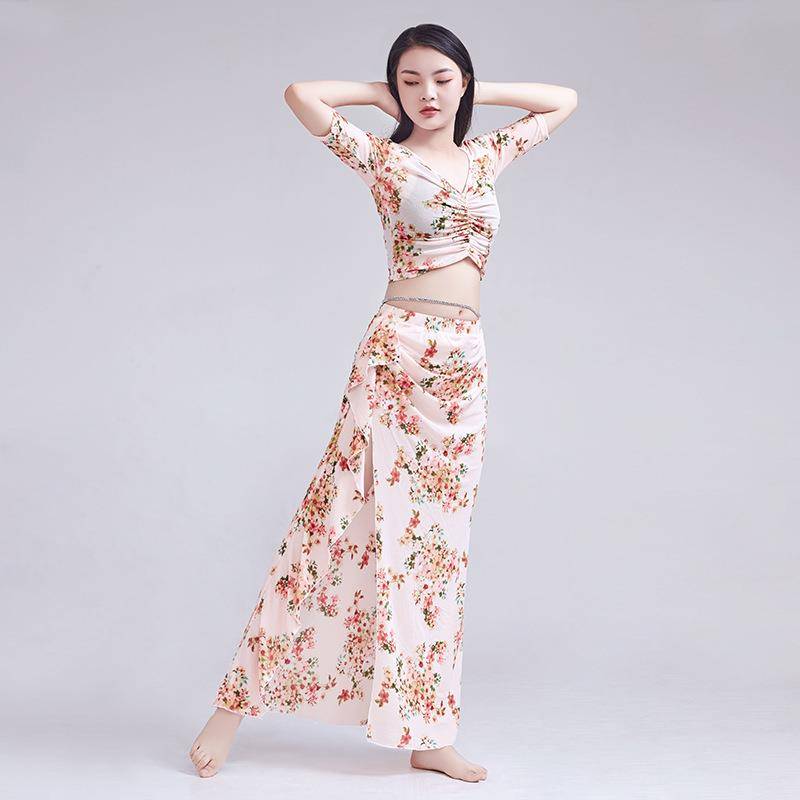 Large -size belly dance practice suit set beginner sexy print skirt Oriental dance dance dance live performance service