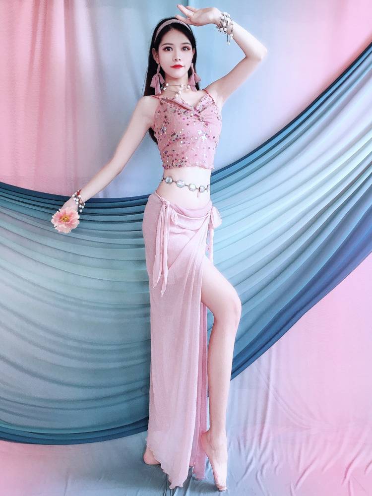 Belly Dance Clothing New Set Oriental Dance Practice Services Under a piece of straps high bombs high -bullet contrasting color wrap skirt