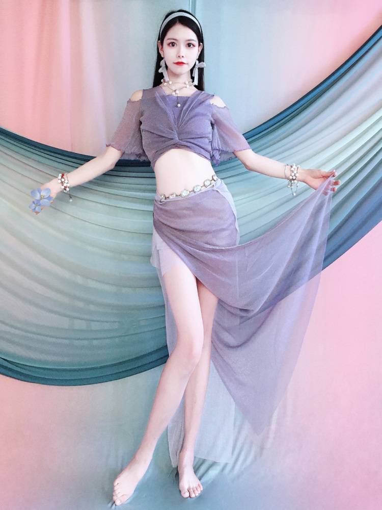 Belly Dance Clothing New Set Oriental Dance Practice Services Under a piece of straps high bombs high -bullet contrasting color wrap skirt